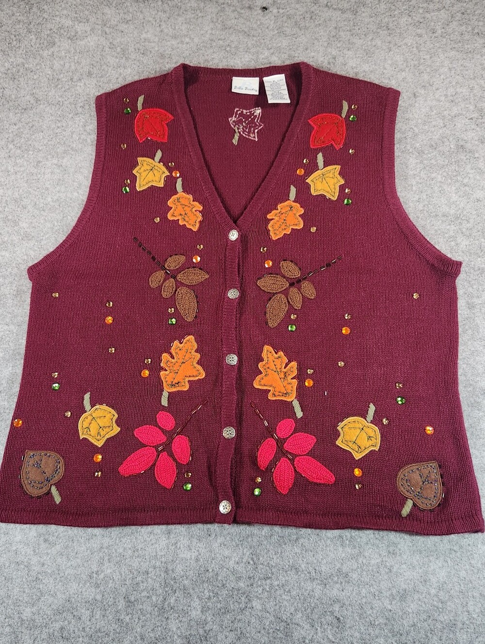 Bobbie Brooks Burgundy Embroidered Fall Autumn Leaf Button-Front Sweater Vest XL